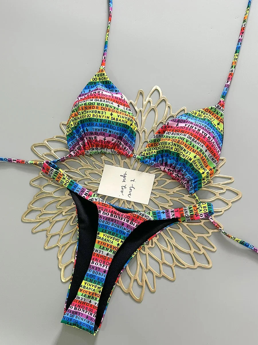 Letters Print Colorful Micro Mini Thong Bikini