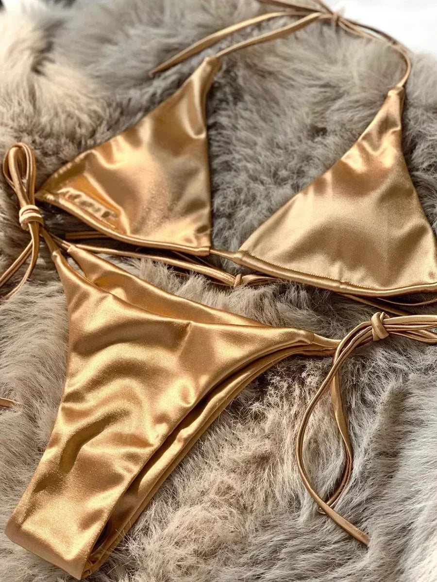 Wrap Around Halter Metallic Satin Bikini
