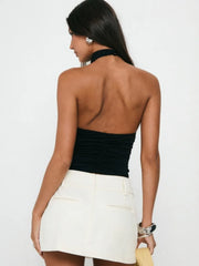 Solid Color Backless Sleeveless Halter Neck Draped Neck Fitted Pleated Crop Top