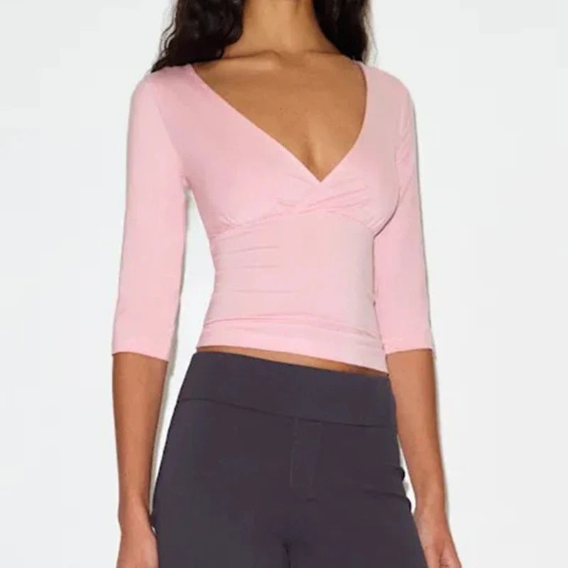 Wrap V Neck 3/4 Sleeve Crop Top