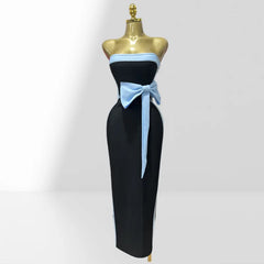 Black and White Strapless High Waist Bow Bodycon Bandage Dress