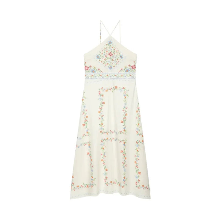 White Linen Halter Cross Back Strap Long Dress