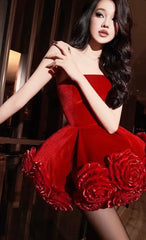 Red Color Sexy Strapless Ball Gown Mini Celebrity Nightclub Party Dress