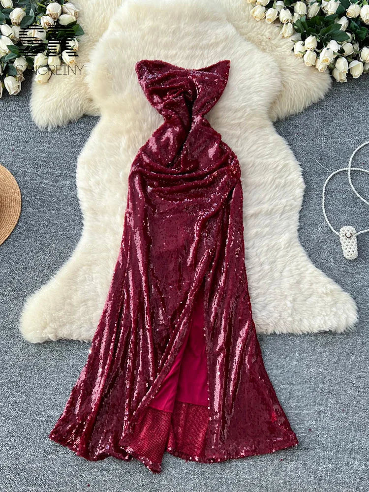 Sequined Strapless Slit Dress