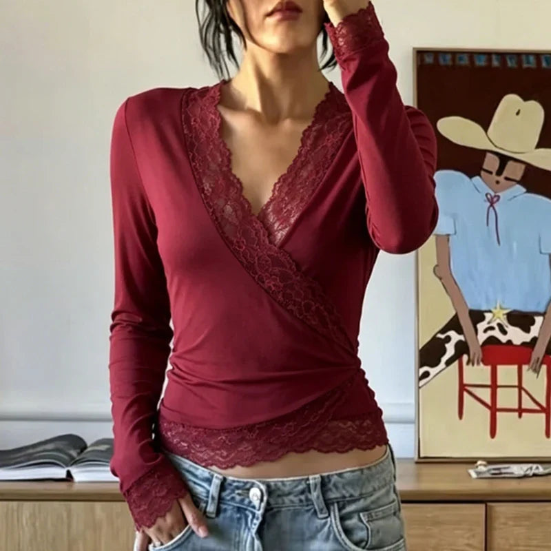 Lace Trim Wrap V Neck T-shirt
