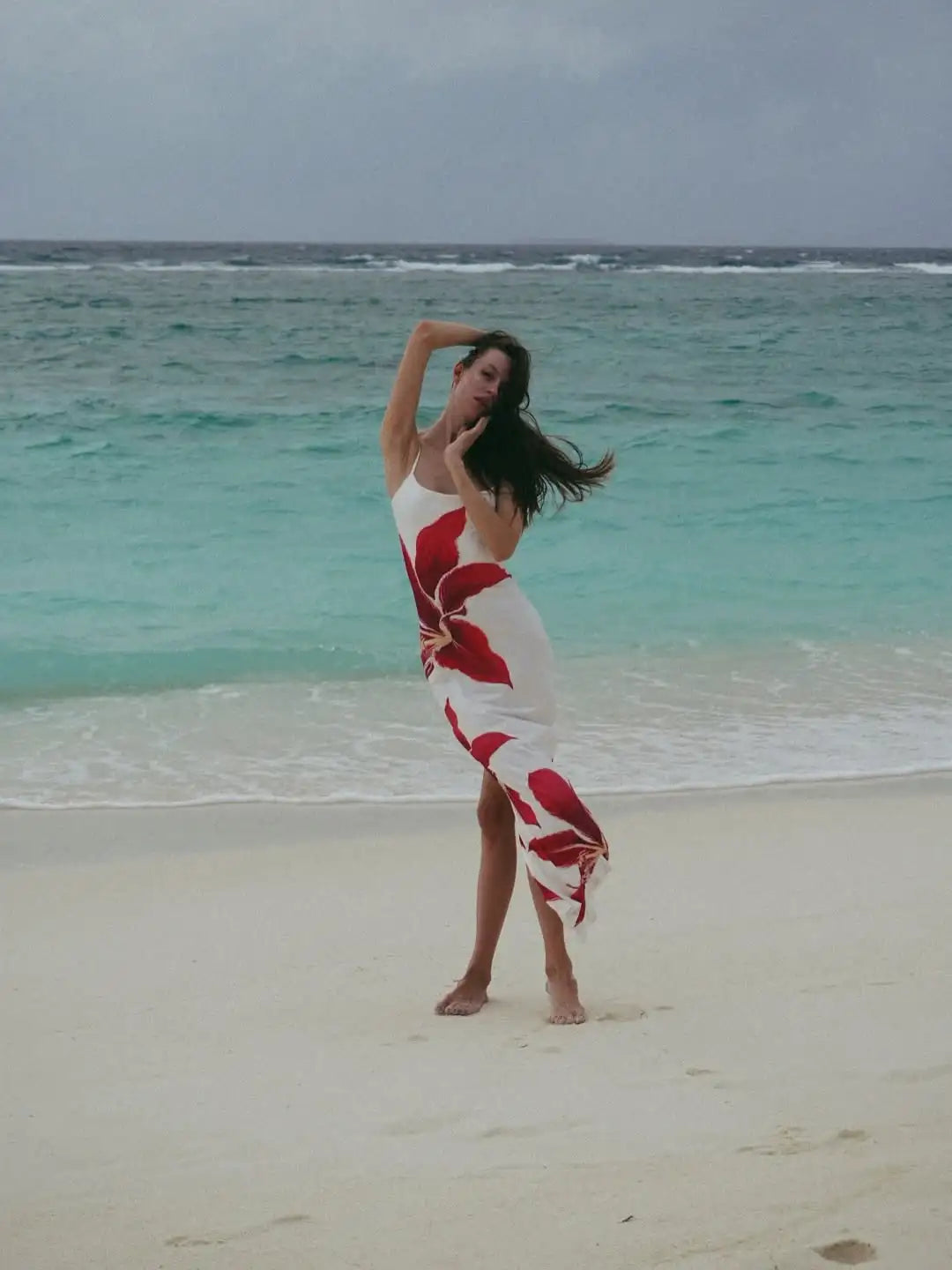 White Red Hibiscus Floral Print Spaghetti Strap Midi Dress