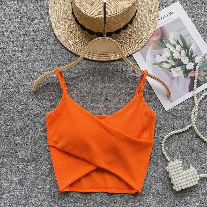 V Neck Spaghetti Strap Camisole Cross Wrap Front Cutout Hem Ribbed Slim Cropped Tank Top