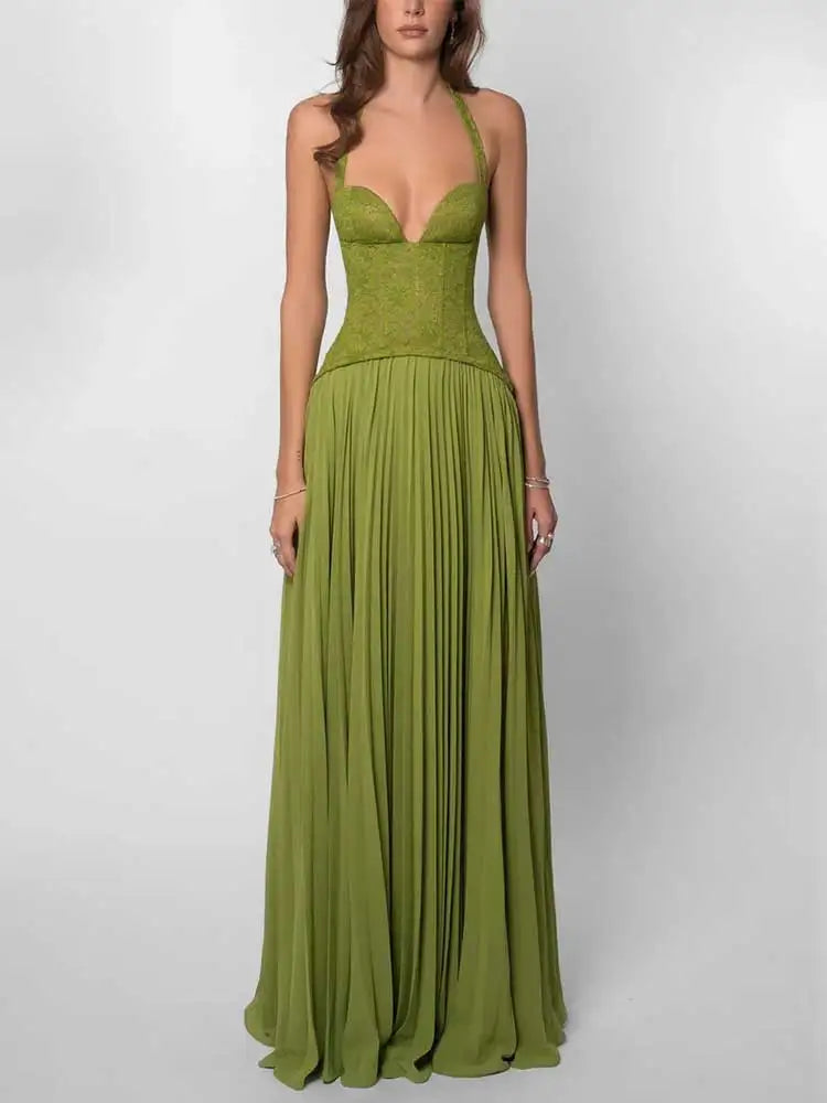 Elegant Corset Halter Pleated Maxi Dress