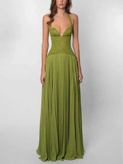 Elegant Corset Halter Pleated Maxi Dress