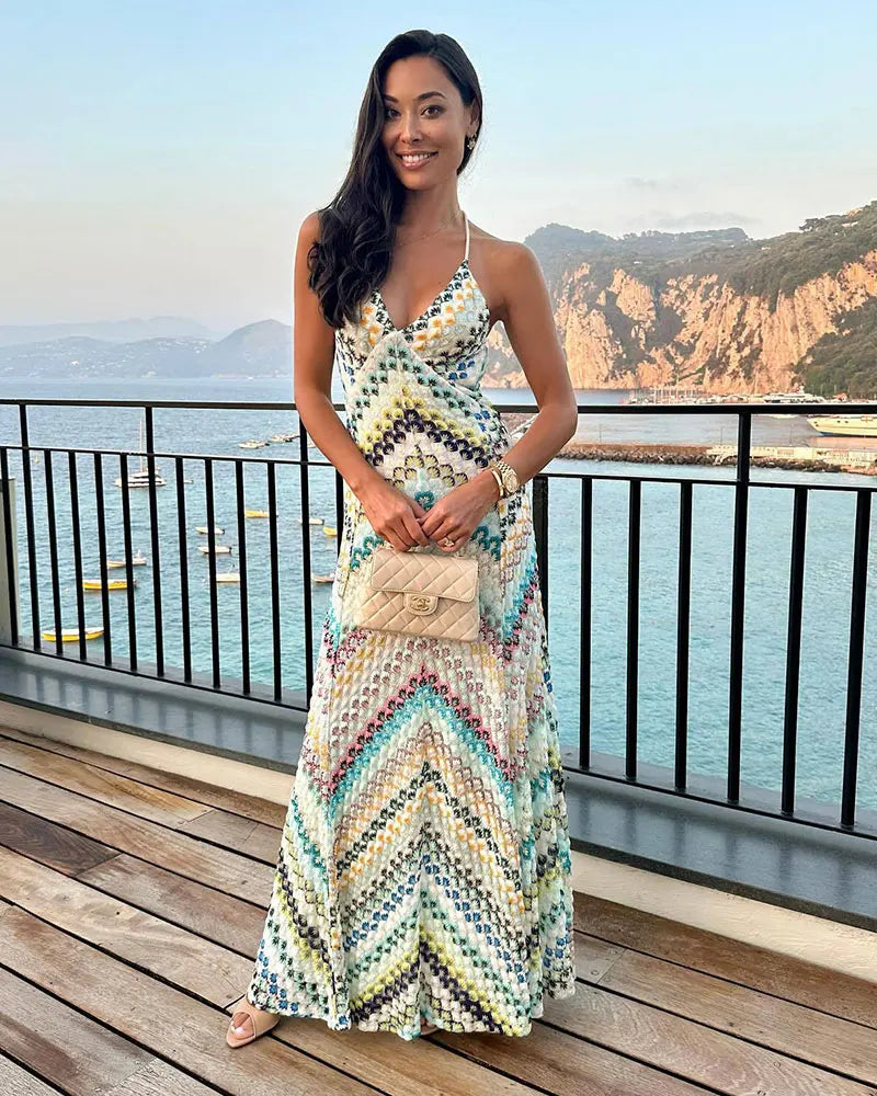 Sexy Print V Neck Halter Maxi Dress