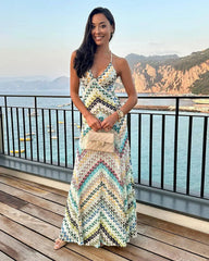 Sexy Print V Neck Halter Maxi Dress