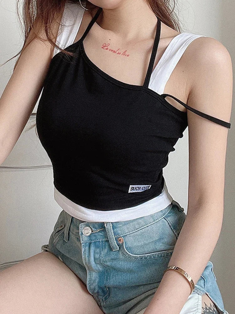 Hollow Out Black Y2K Tees Sleeveless Skinny Tops