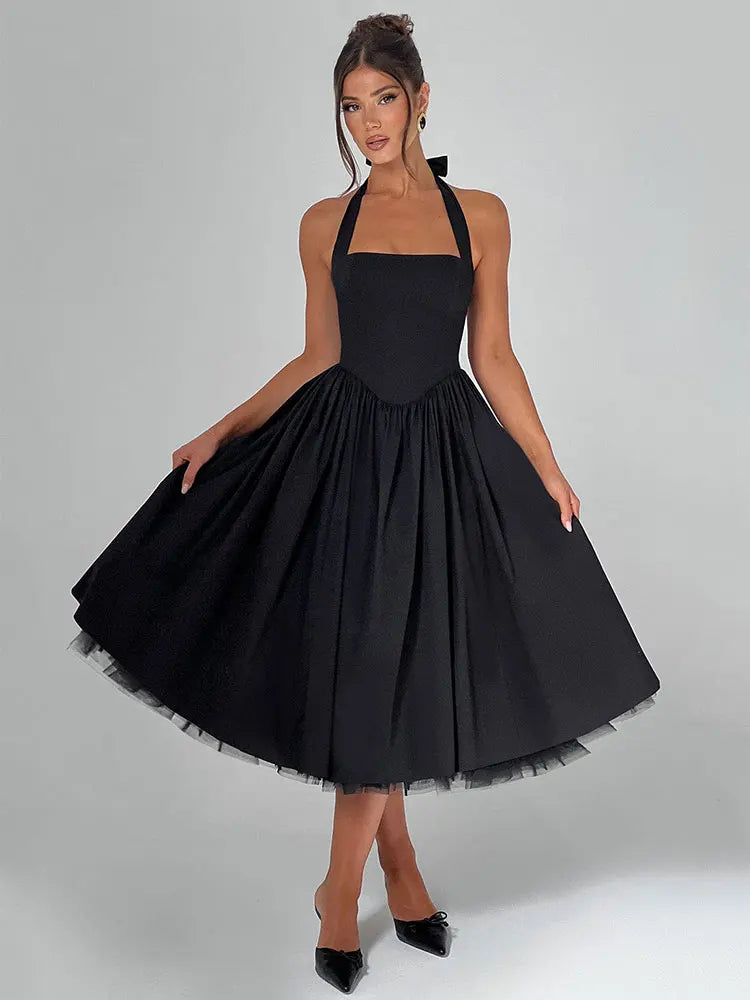 Mesh Back Bandage Halter Sexy Midi Long Dress