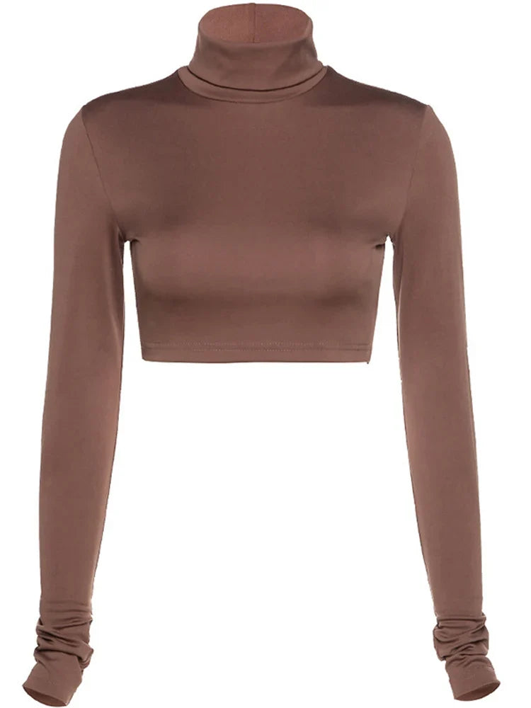 Basic Sheath Solid Turtleneck Tshirt Autumn Stretch Casual Undershirt Female All-match Street Activity Crop Tops