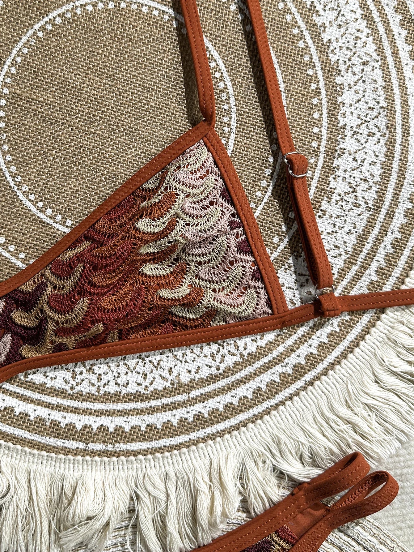 Vintage Crochet Coffee Striped Bikini Set