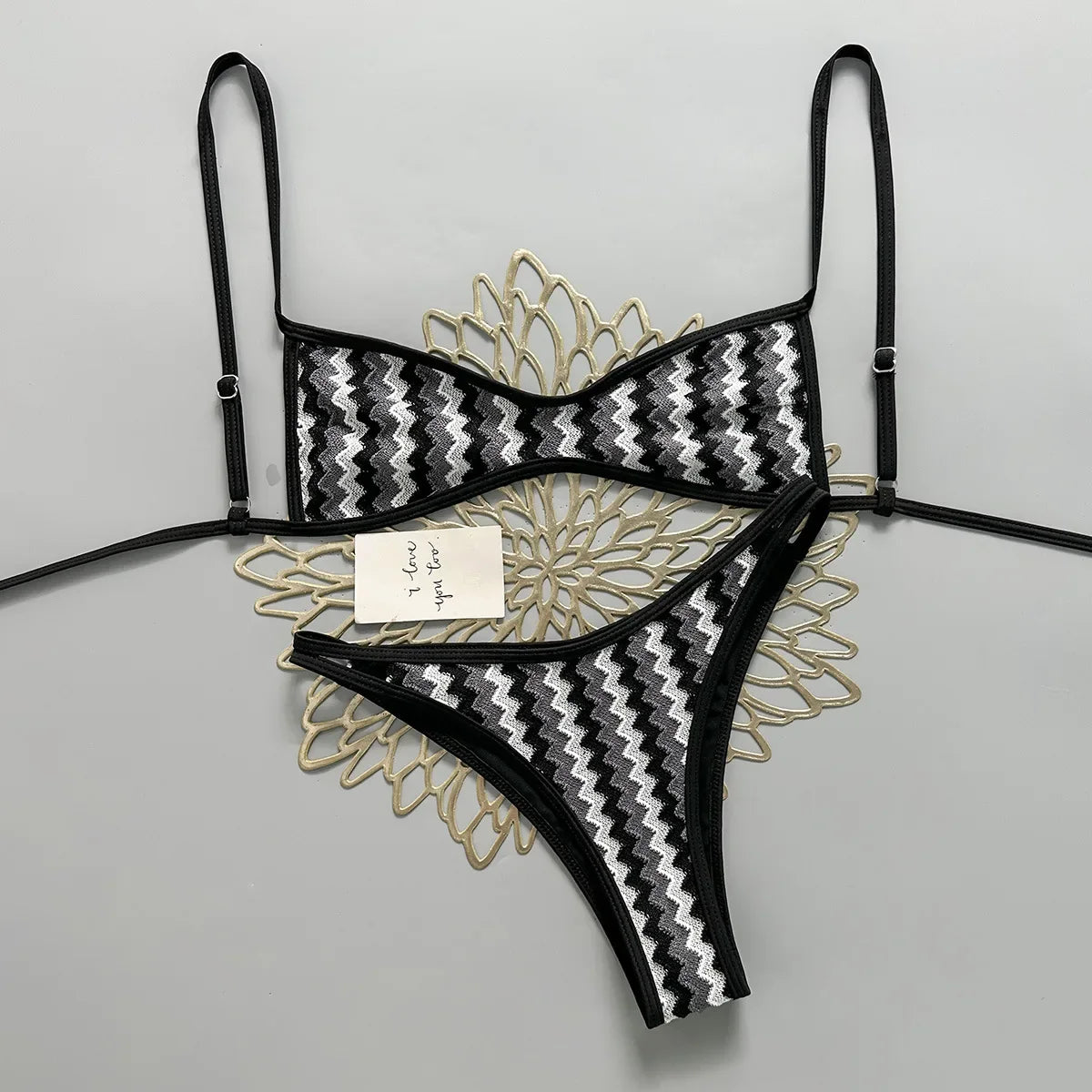 Vintage Crochet Coffee Striped Bikini Set