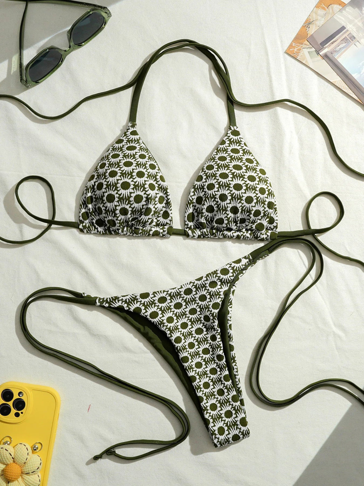 Sexy Green Sunflower Print Mini Bikini