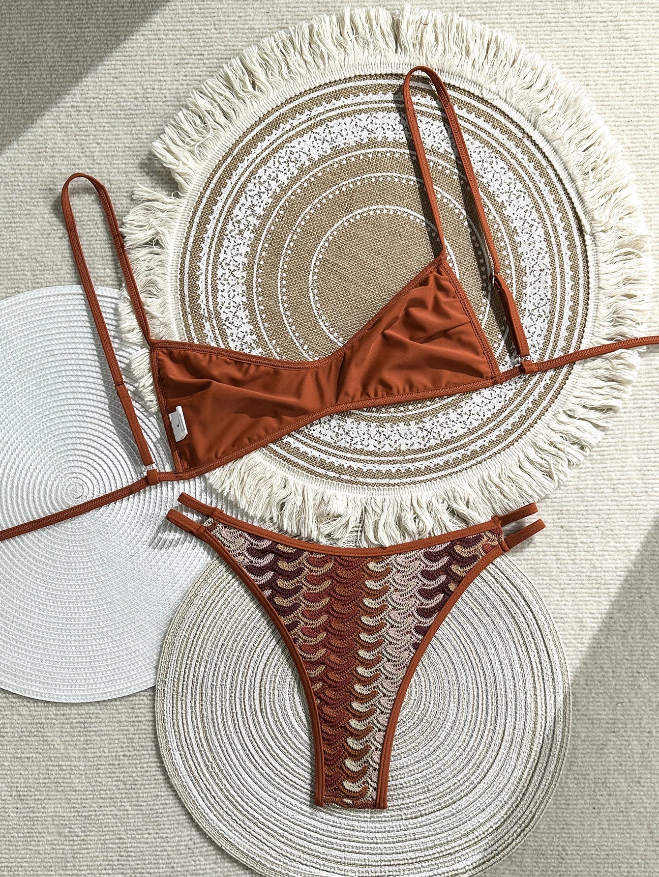 Vintage Crochet Coffee Striped Bikini Set