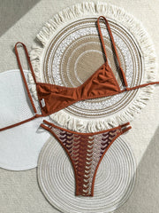 Vintage Crochet Coffee Striped Bikini Set