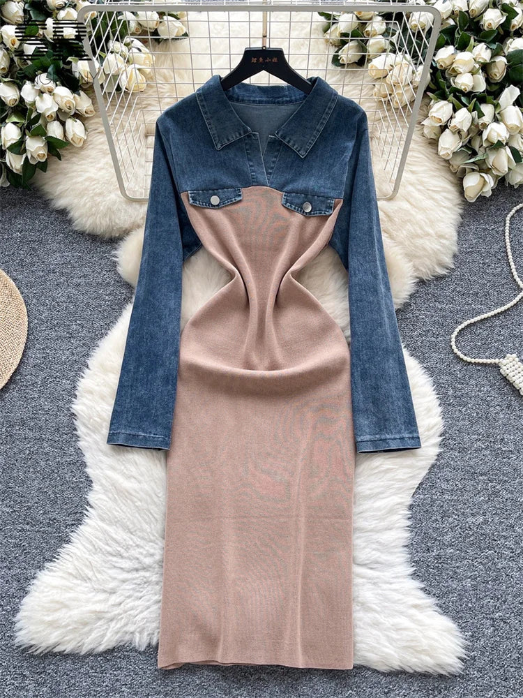Retro Denim Splice Knit Dress