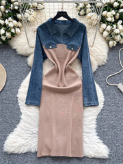 Retro Denim Splice Knit Dress