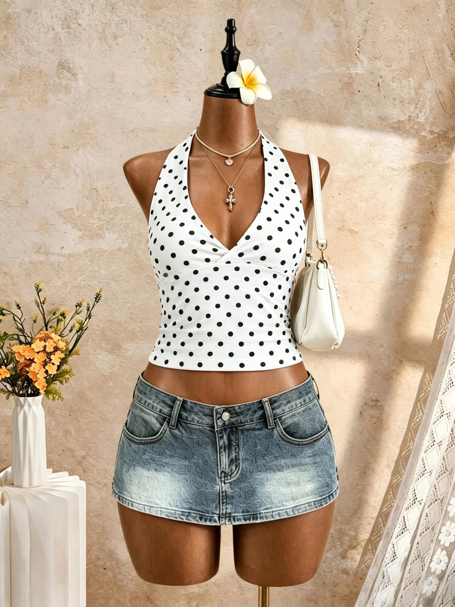 Halter V Neck Polka Dot Print Crop Cami Top