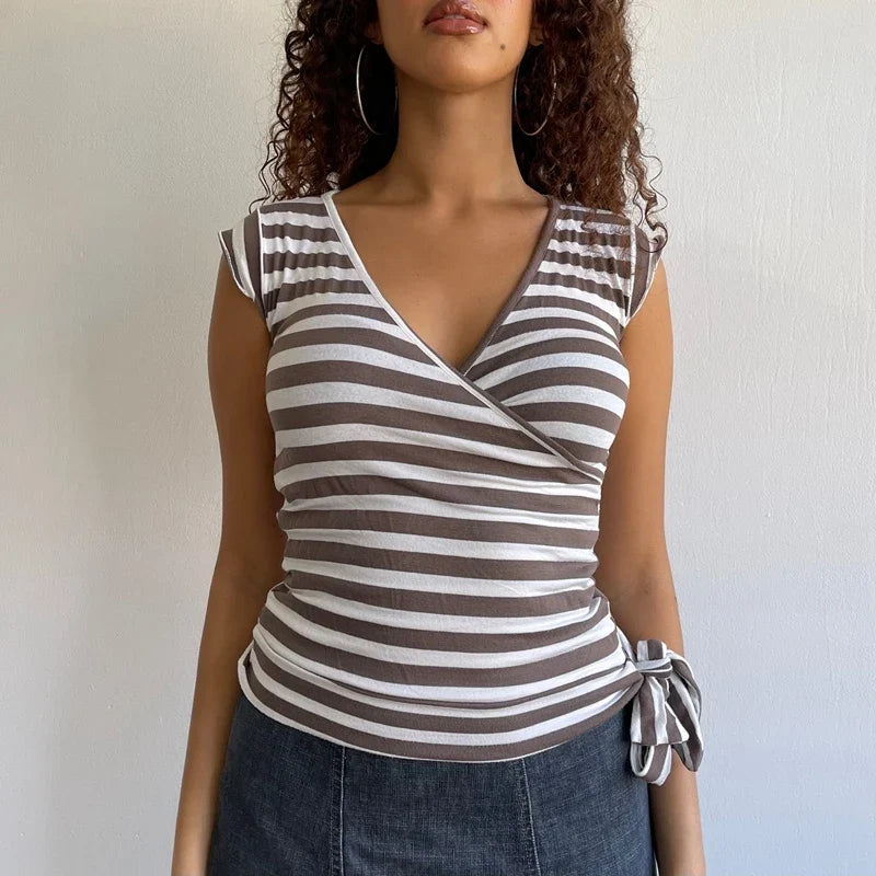 Polka Dot/Striped Bandage Wrap Crop Top