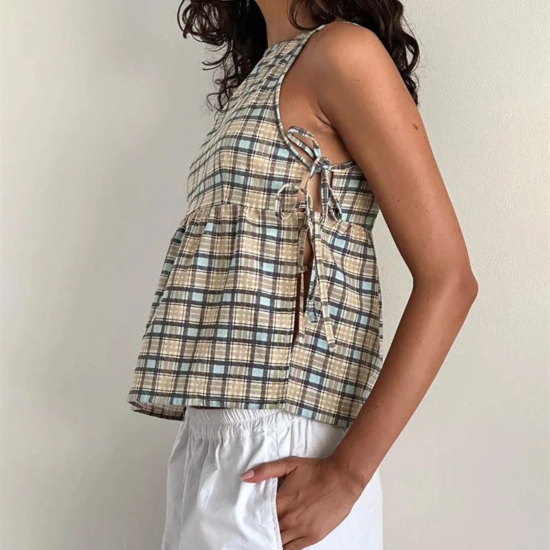 Cut Out Side Tie Up Vest Casual Loose Sleeveless Crop Top