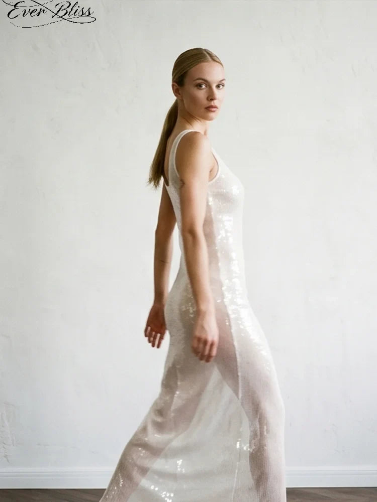 New White Sequin & Sparkle Sleeveless Camisole Maxi Dress