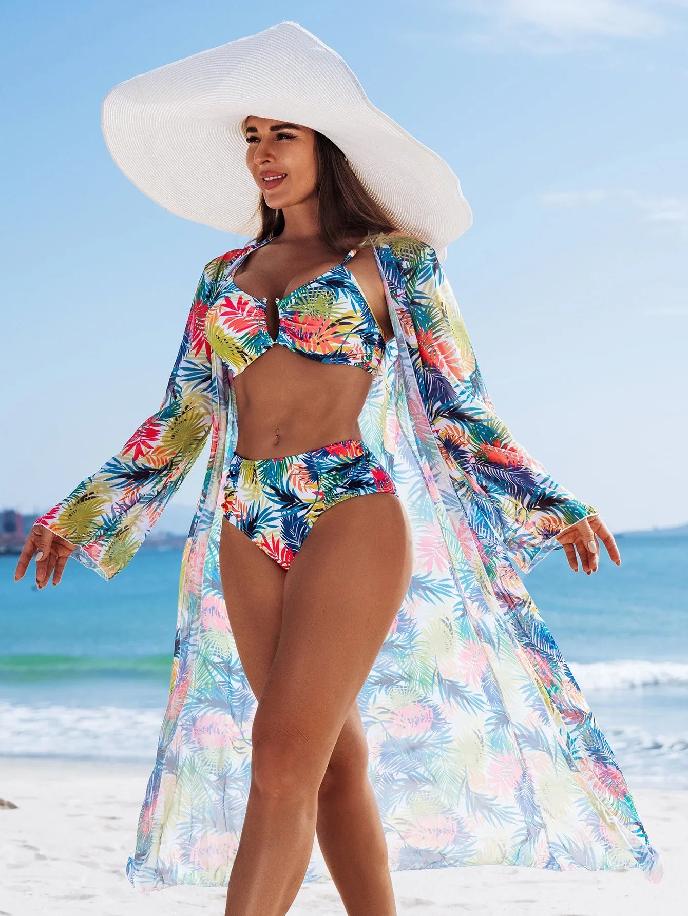 Vintage Red Leaves Print Cover Up 3 Piece Bikini