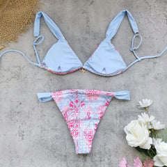 Sexy Sky Blue Floral Print Bikini Set