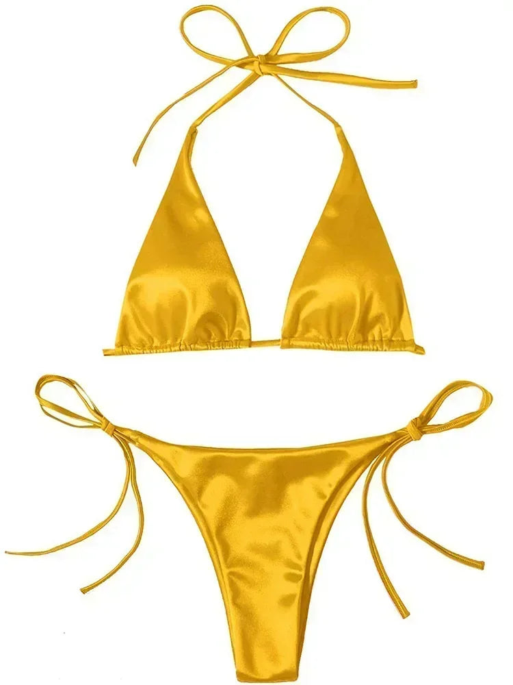 Wrap Around Halter Metallic Satin Bikini