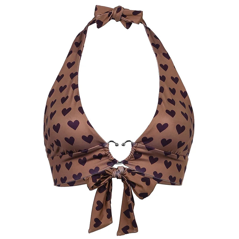 Pink Heart Print Cute Bustier Crop Top