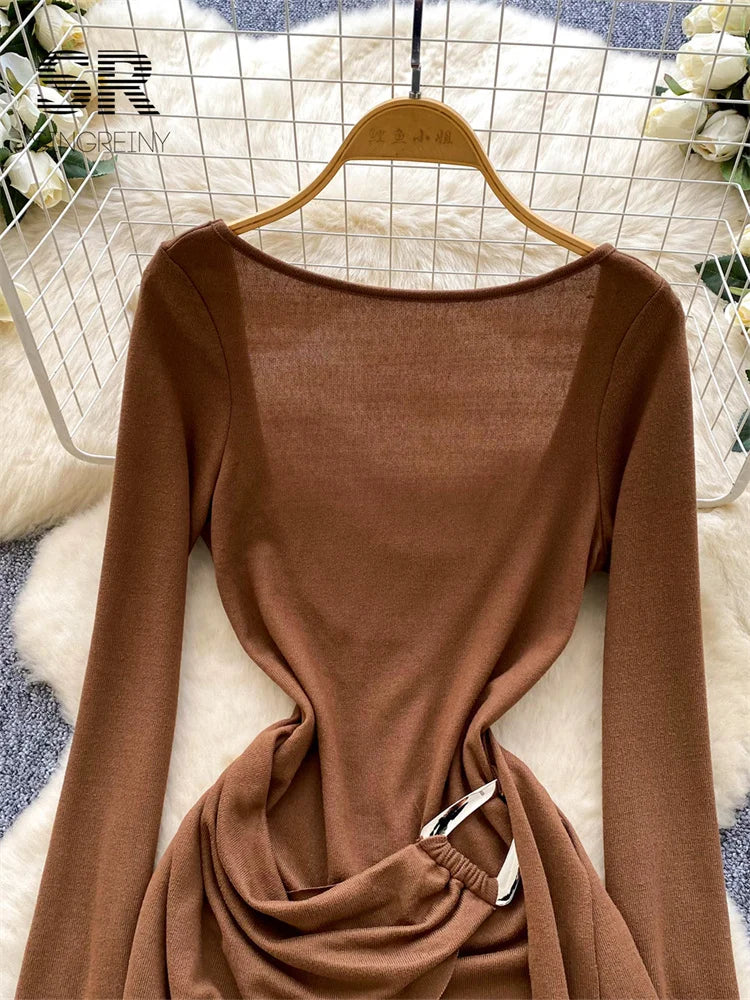 Sexy Backless Bodycon Dresss Autumn Long Sleeve V Neck Metal Button Sashes American Spicy Short Dresses
