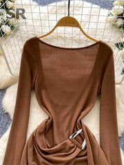 Sexy Backless Bodycon Dresss Autumn Long Sleeve V Neck Metal Button Sashes American Spicy Short Dresses