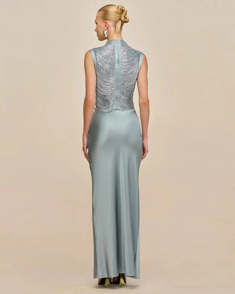 Satin Sexy Tassel Crop Tops Mermaid Long Skirt Sets Elegant Sleeveless Slim Tank Top Vest Party Set