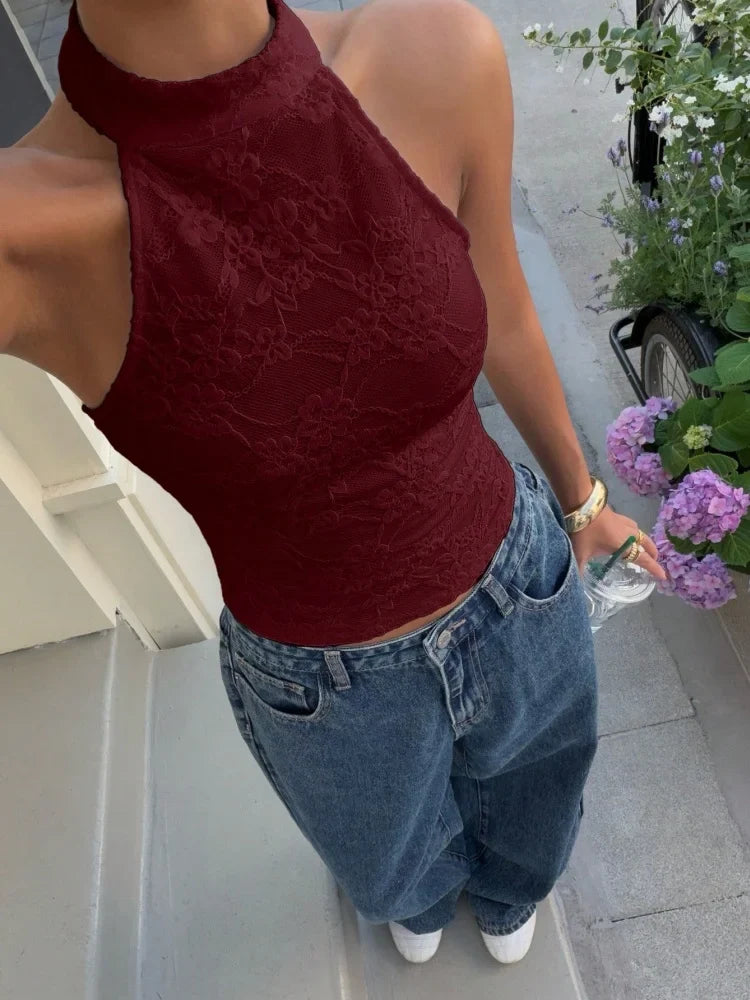White Lace High Neck Halter Back Button Backless Slim Fit Crop Top