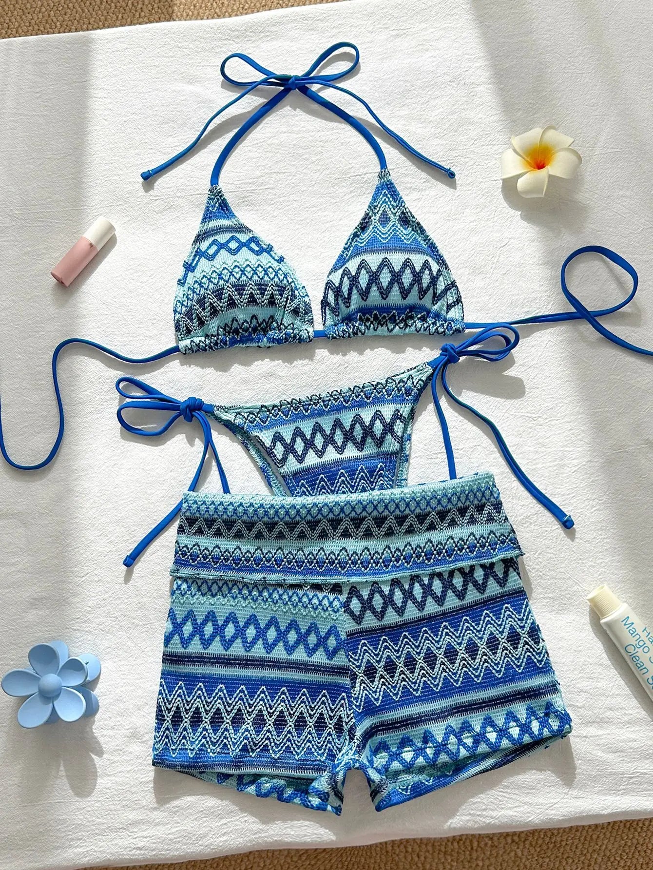 Sexy Red Striped Knitted Bikini Set