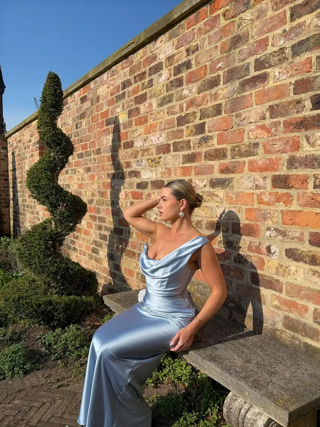 Sexy Light Blue Silky Satin One Shoulder Cowl Neck Draped Maxi Dress