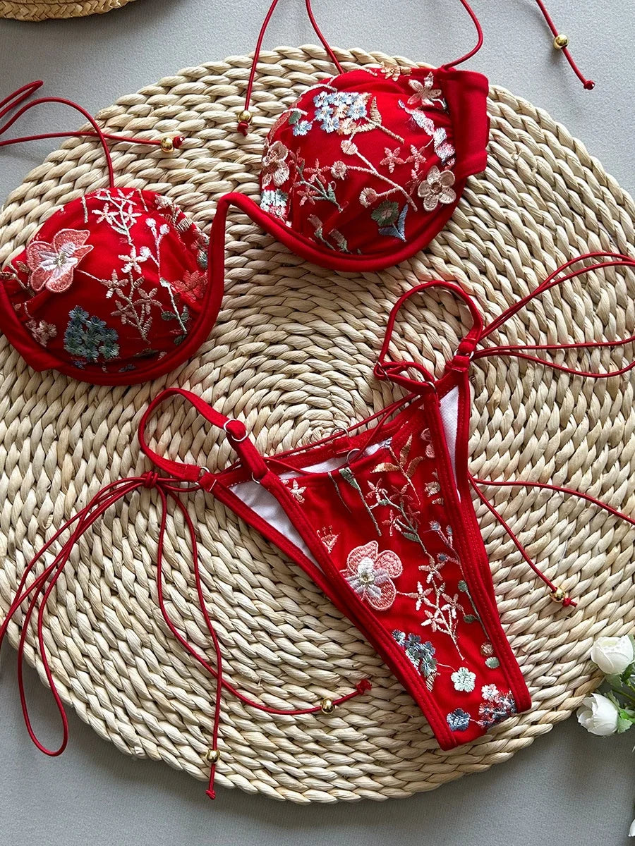 Sexy Blue Flower Embroidery Print Bikini Set