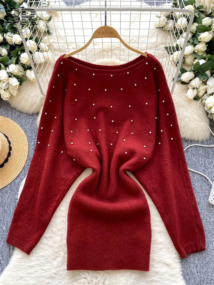 Winter Sexy Beading Knitted Dress