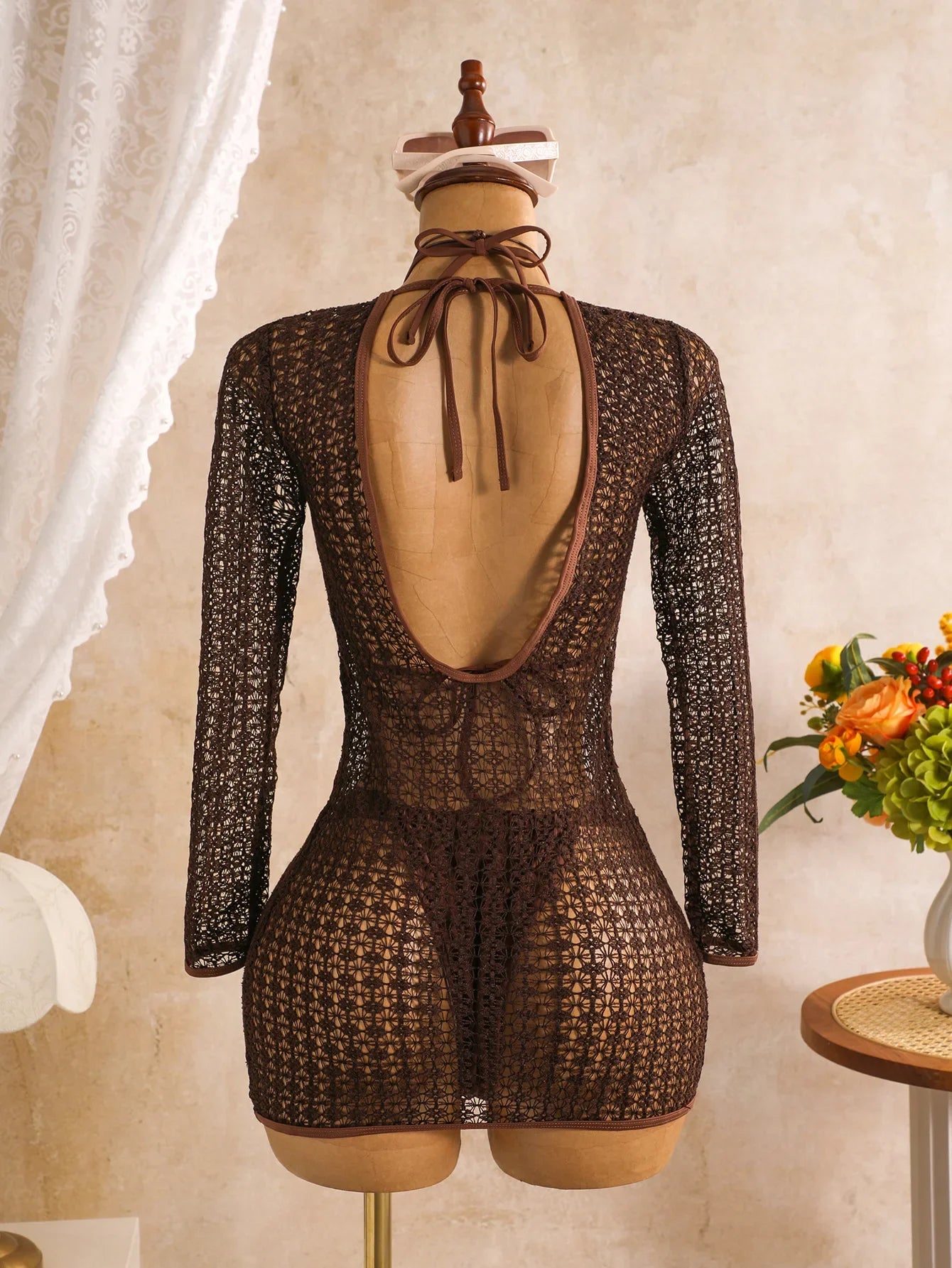 Sexy Coffee Mesh Long Sleeve Cover Up 3 Piece Swimsuit