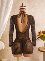 Sexy Coffee Mesh Long Sleeve Cover Up 3 Piece Swimsuit