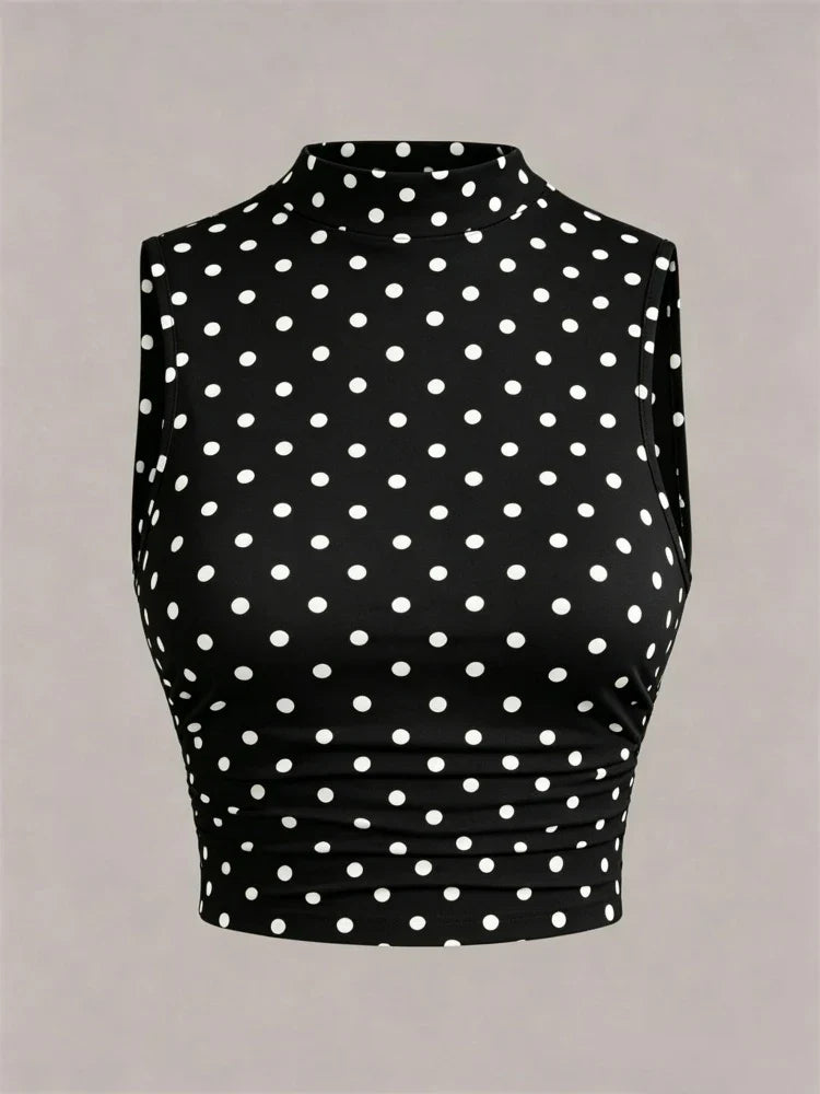 Mock Neck Polka Dot Printed Tank Top
