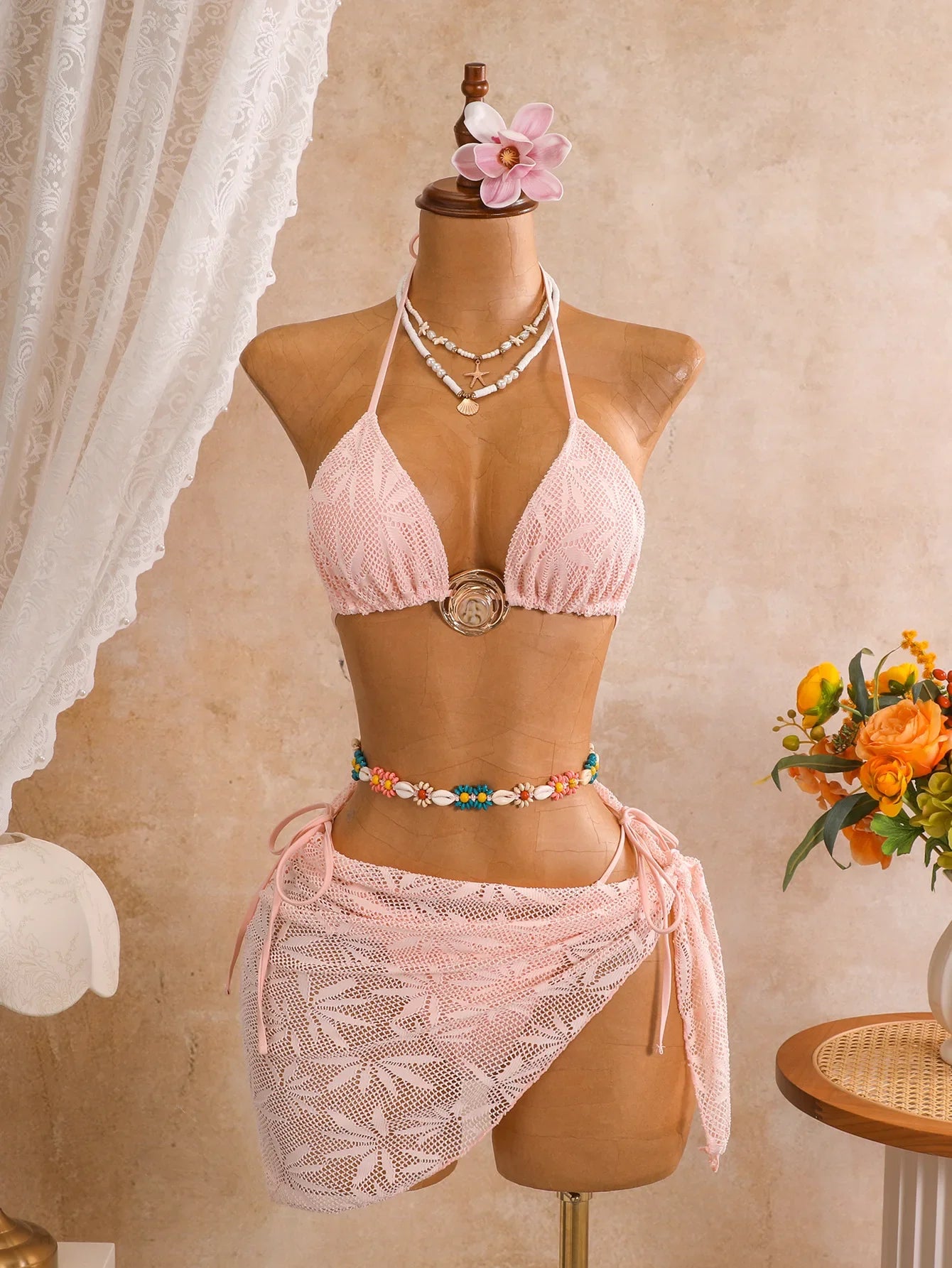 Vintage Pink Leaves Print Bikini Set