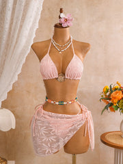 Vintage Pink Leaves Print Bikini Set