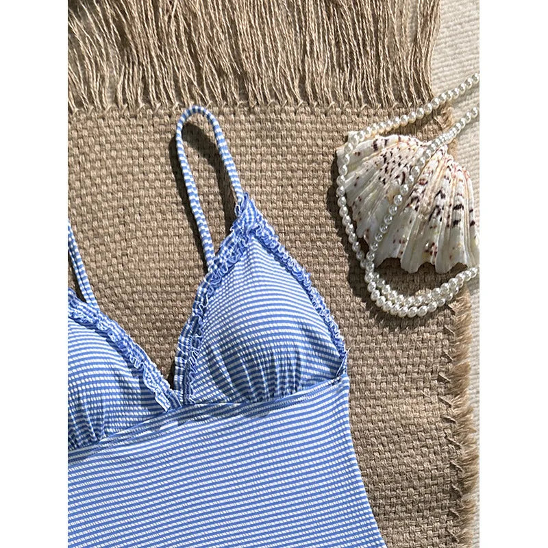Vintage Sky Blue Striped One Piece Swimsuit