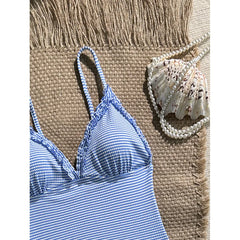 Vintage Sky Blue Striped One Piece Swimsuit