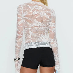 Sexy Floral Lace Long Sleeve Shirt Deep V Neck Ruffle Lace Trim Crop Tops