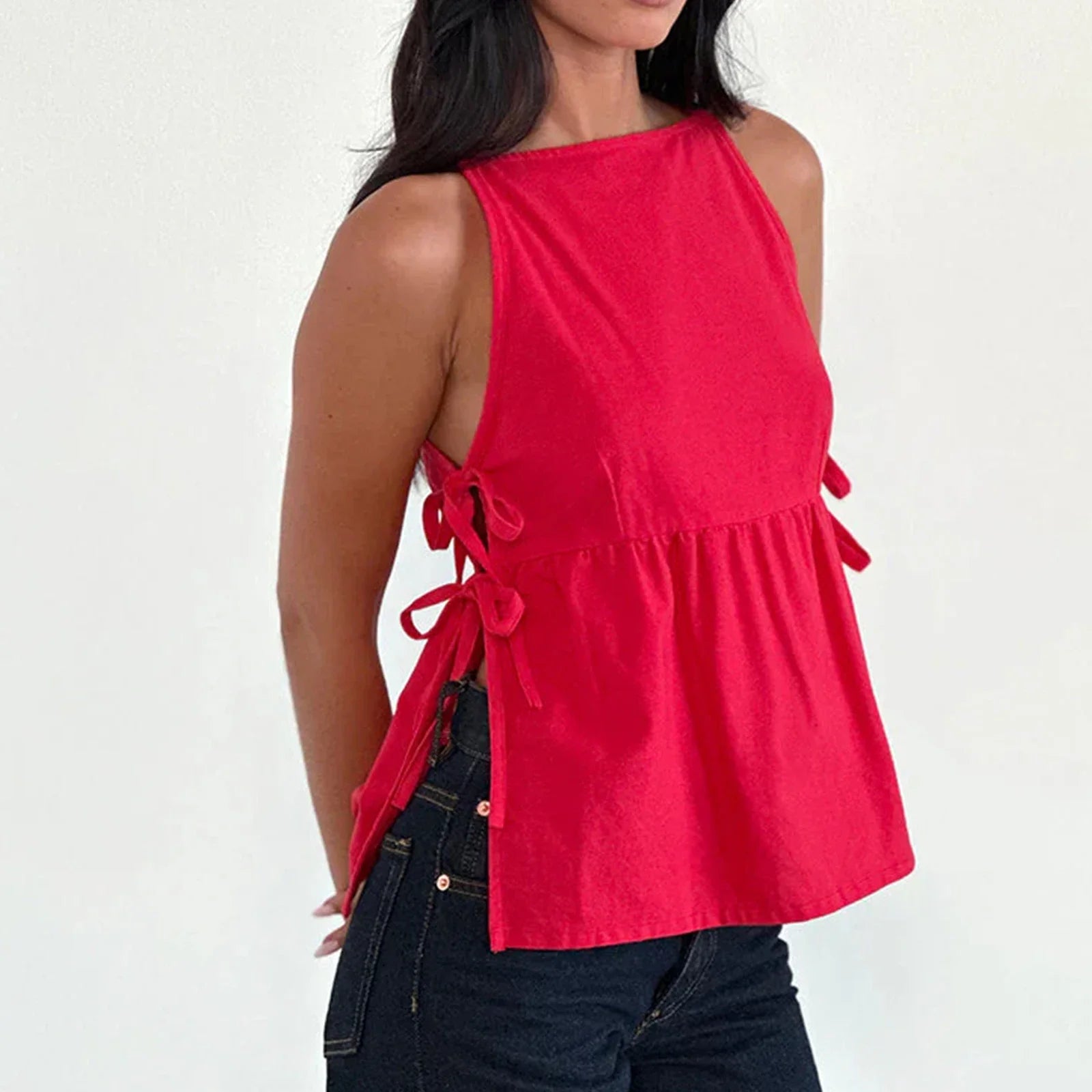 Cut Out Side Tie Up Vest Casual Loose Sleeveless Crop Top